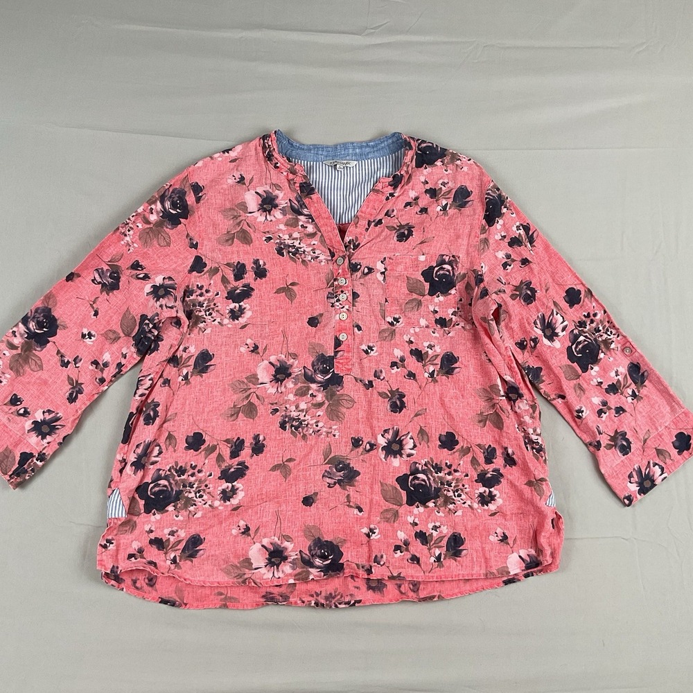 John Mark Women's Roll Tab Sleeves‎ Top XL Floral Linen